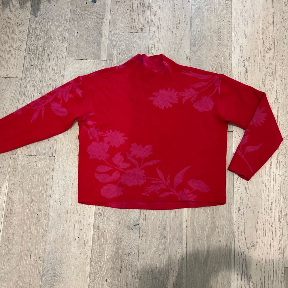 Anthropologie Red Floral-Accent Crewneck Sweater